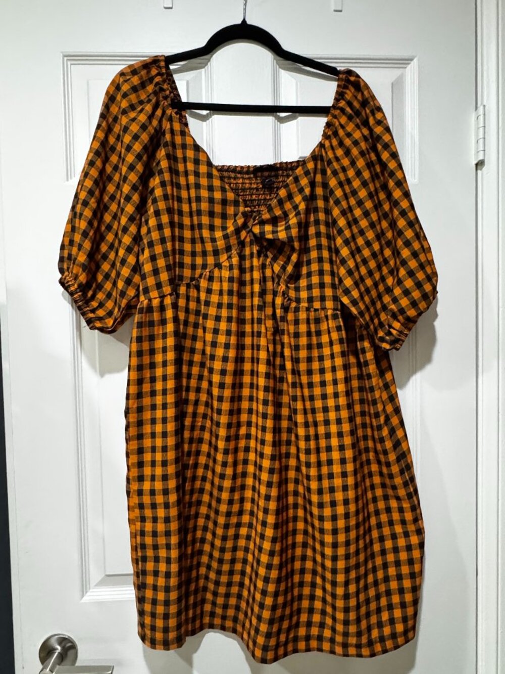 Mini Orange Gingham Puff Sleeve Smock Dress